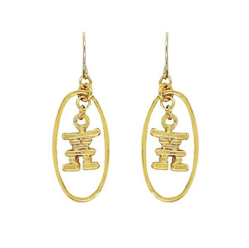Gold plated Inukshuk Dangle Earrings in Ovals - 6426EFG - Click Image to Close